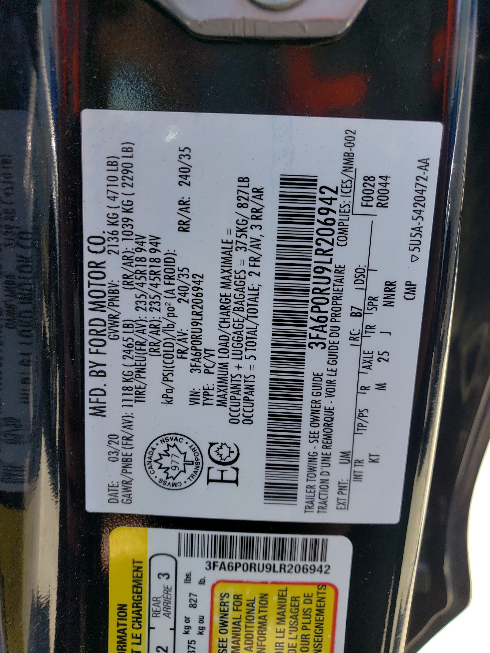 3FA6P0RU9LR206942 2020 Ford Fusion Titanium