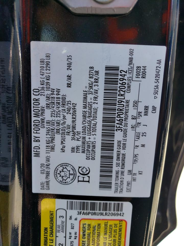 2020 Ford Fusion Titanium VIN: 3FA6P0RU9LR206942 Lot: 55013514