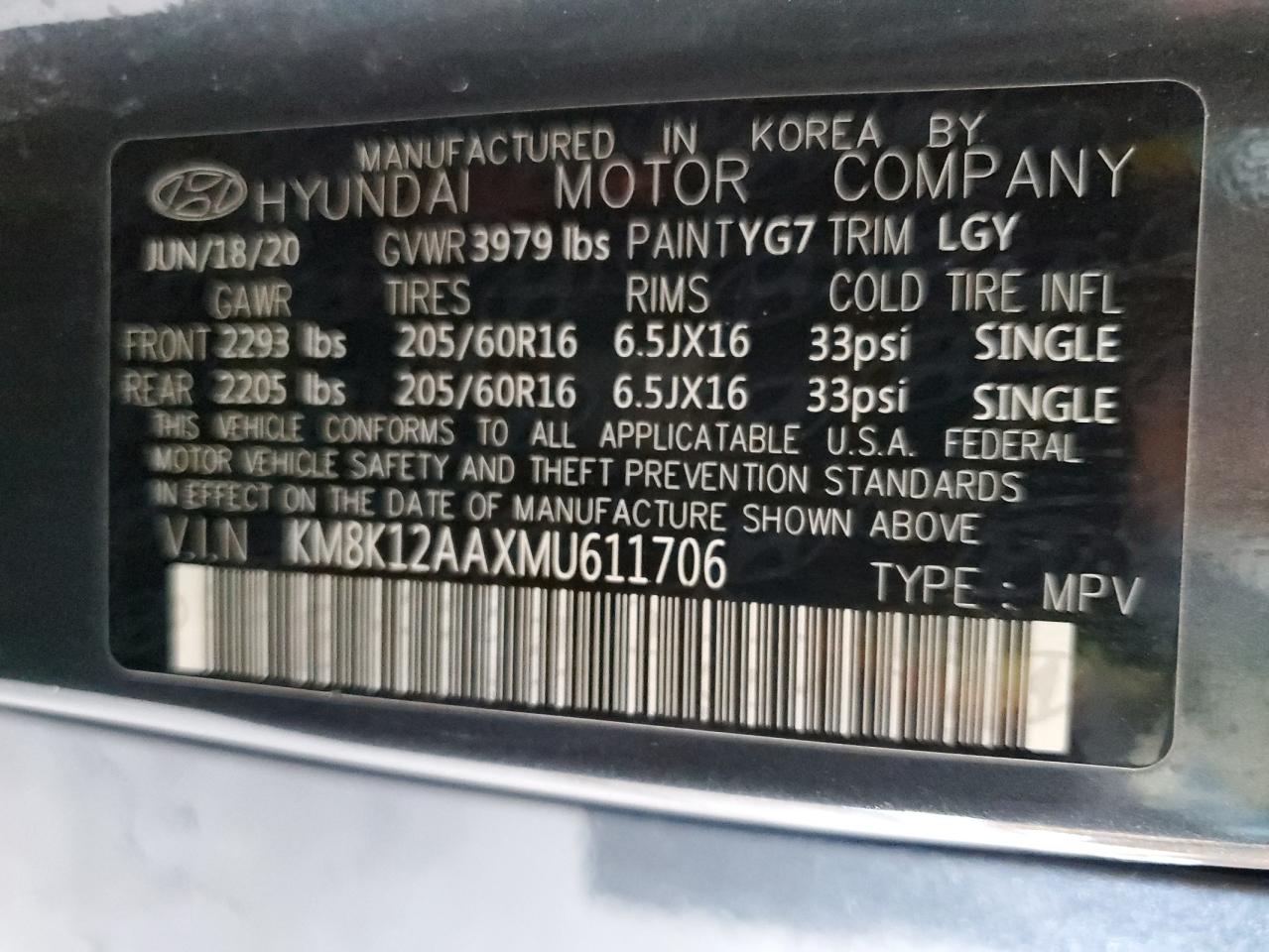 2021 Hyundai Kona Se VIN: KM8K12AAXMU611706 Lot: 56275794