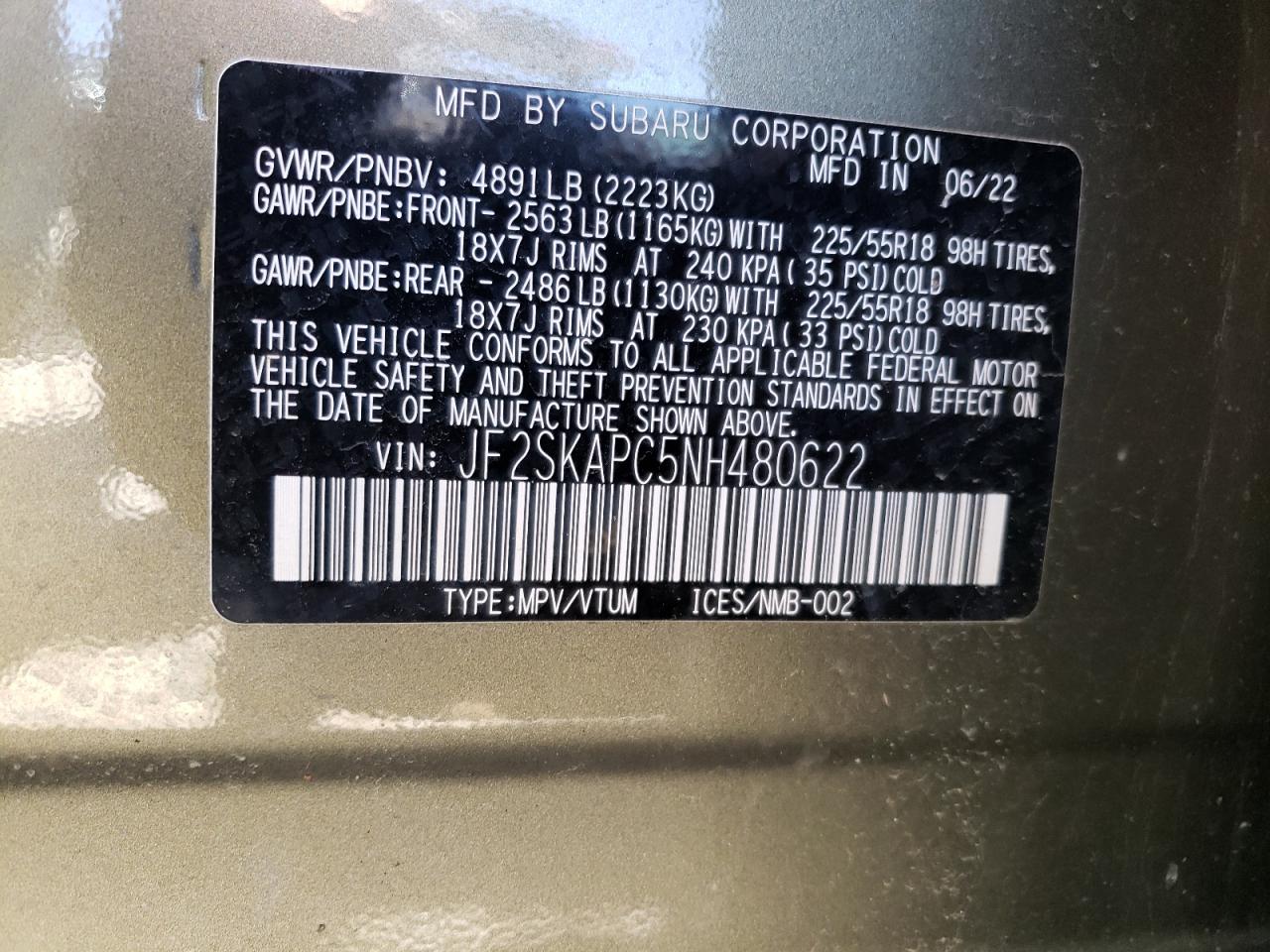 2022 Subaru Forester Limited VIN: JF2SKAPC5NH480622 Lot: 56518534