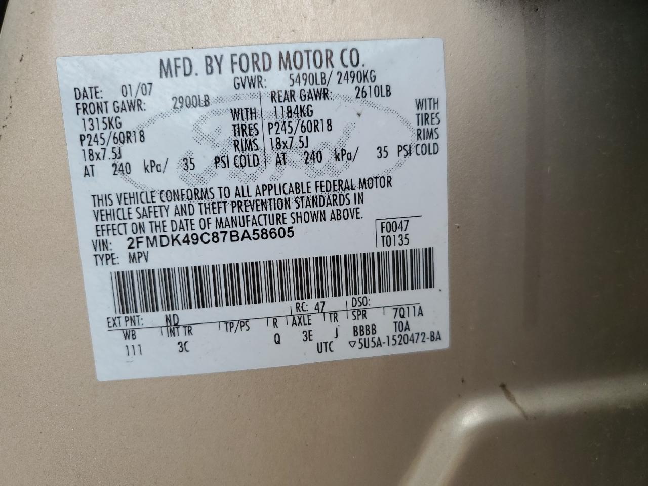 2FMDK49C87BA58605 2007 Ford Edge Sel Plus