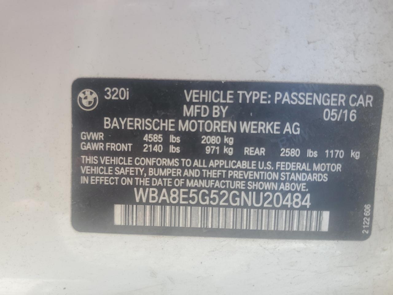 2016 BMW 320 Xi VIN: WBA8E5G52GNU20484 Lot: 57147374