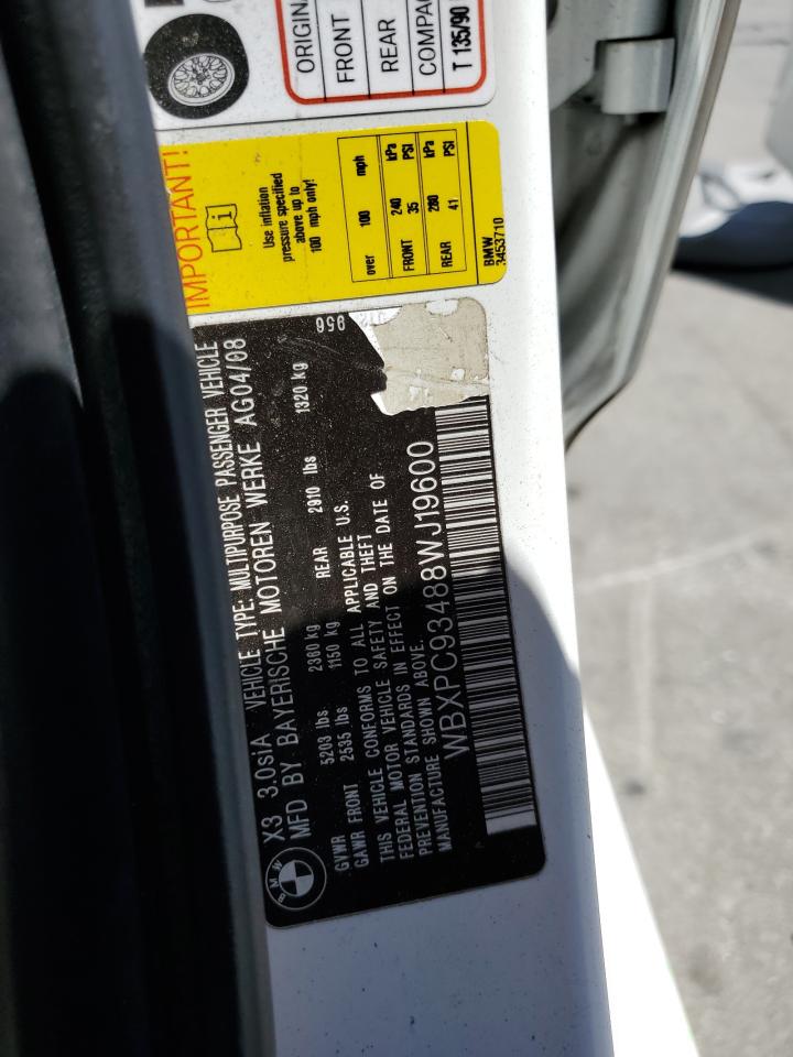 2008 BMW X3 3.0Si VIN: WBXPC93488WJ19600 Lot: 56327004