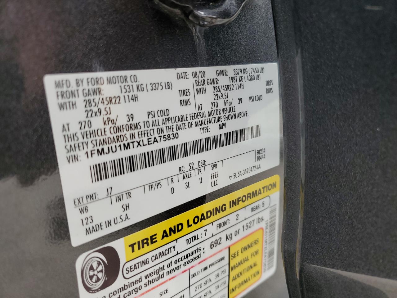 2020 Ford Expedition Platinum VIN: 1FMJU1MTXLEA75830 Lot: 57281035
