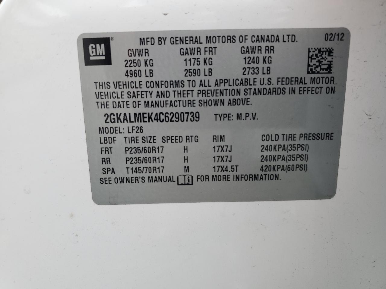 2012 GMC Terrain Sle VIN: 2GKALMEK4C6290739 Lot: 56889815