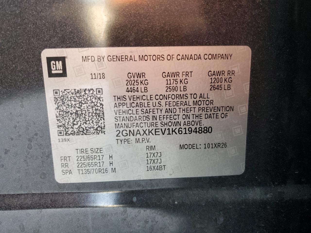 2GNAXKEV1K6194880 CHEVROLET EQUINOX 2019