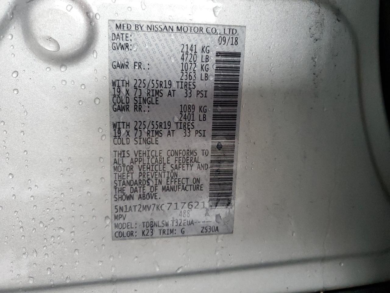 5N1AT2MV7KC717621 NISSAN ROGUE 2019