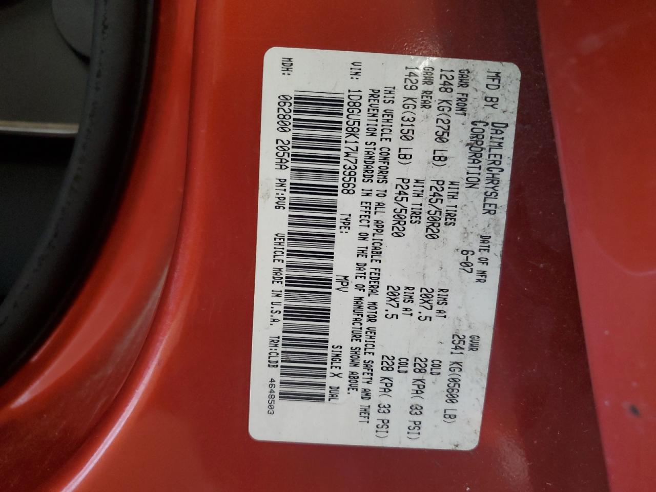 2007 Dodge Nitro Slt VIN: 1D8GU58K17W739568 Lot: 56236165