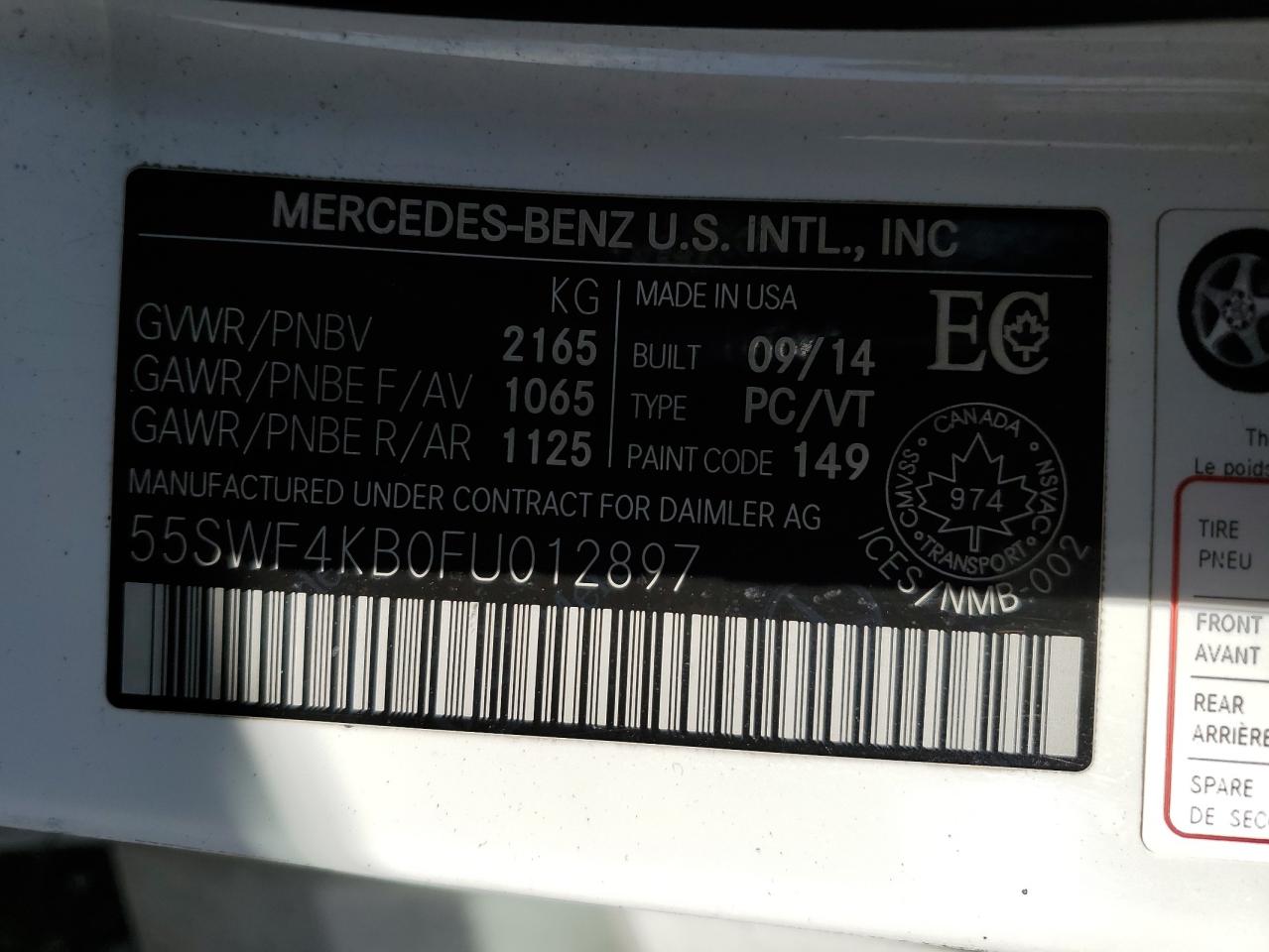 2015 Mercedes-Benz C 300 4Matic VIN: 55SWF4KB0FU012897 Lot: 57091555
