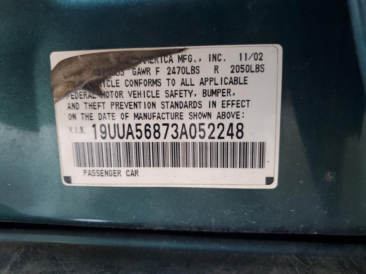 2003 Acura 3.2Tl Type-S VIN: 19UUA56873A052248 Lot: 57102405