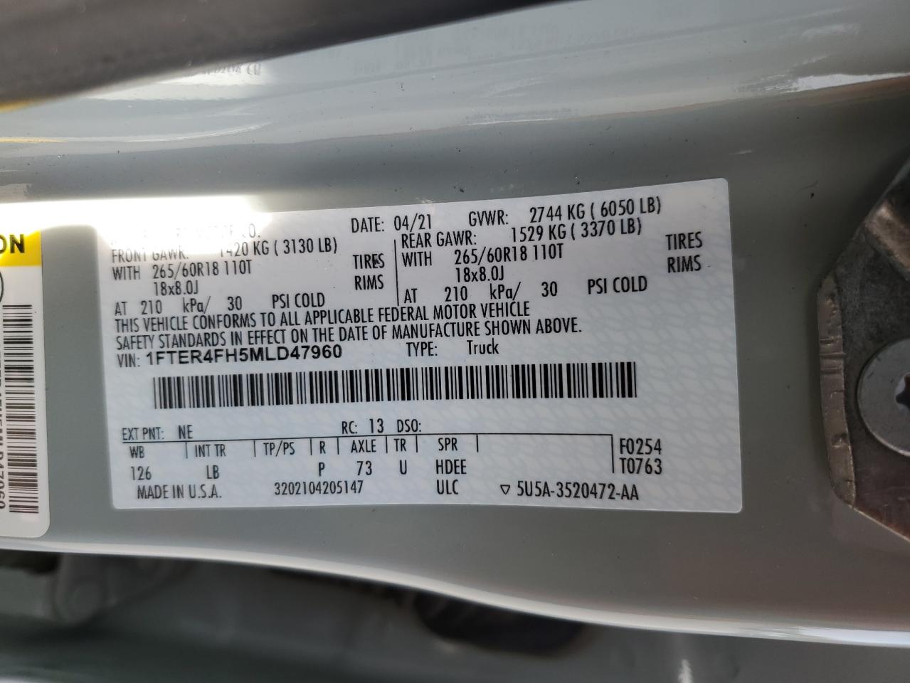 2021 Ford Ranger Xl VIN: 1FTER4FH5MLD47960 Lot: 56203955