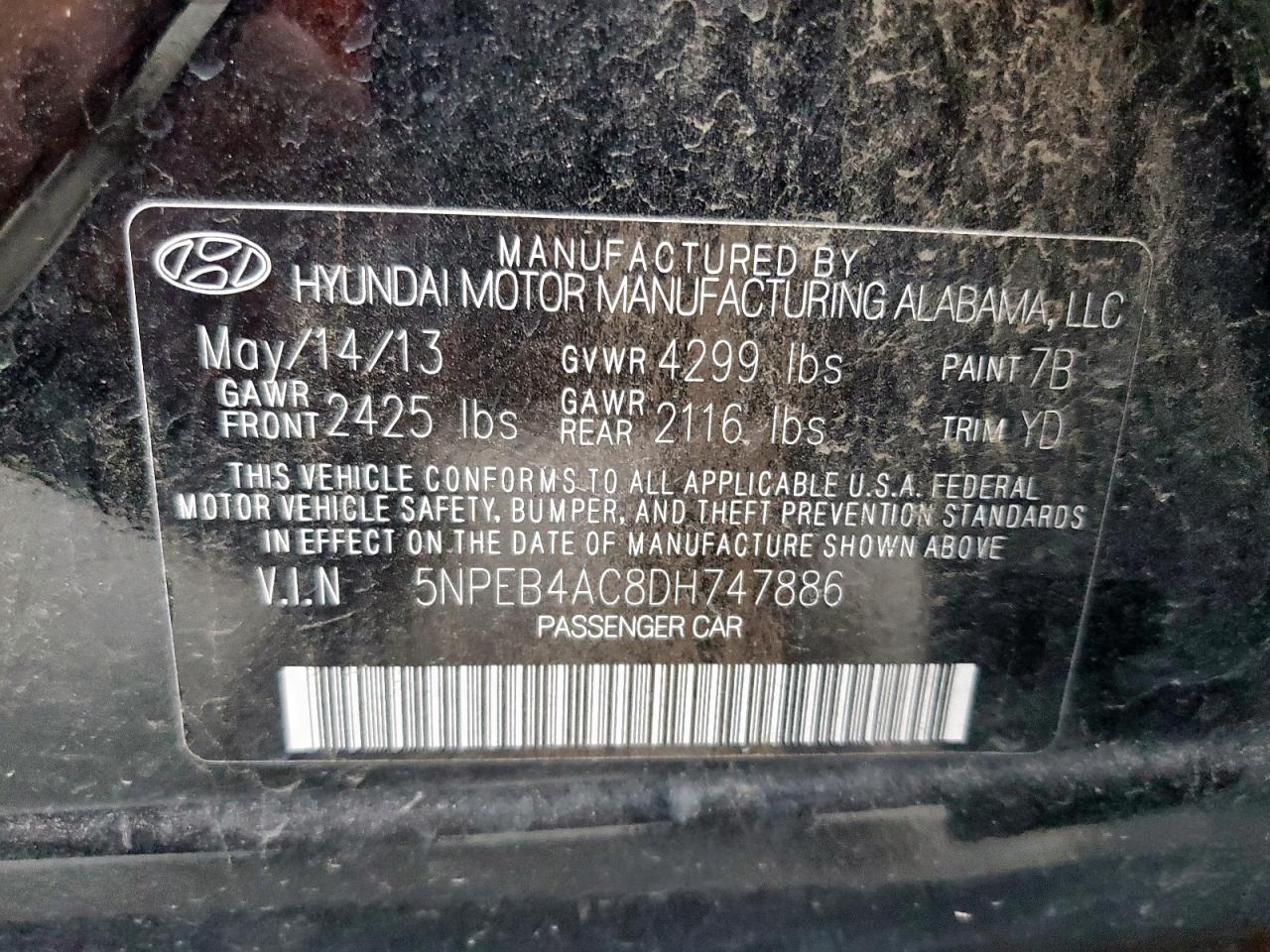 2013 Hyundai Sonata Gls VIN: 5NPEB4AC8DH747886 Lot: 56860495