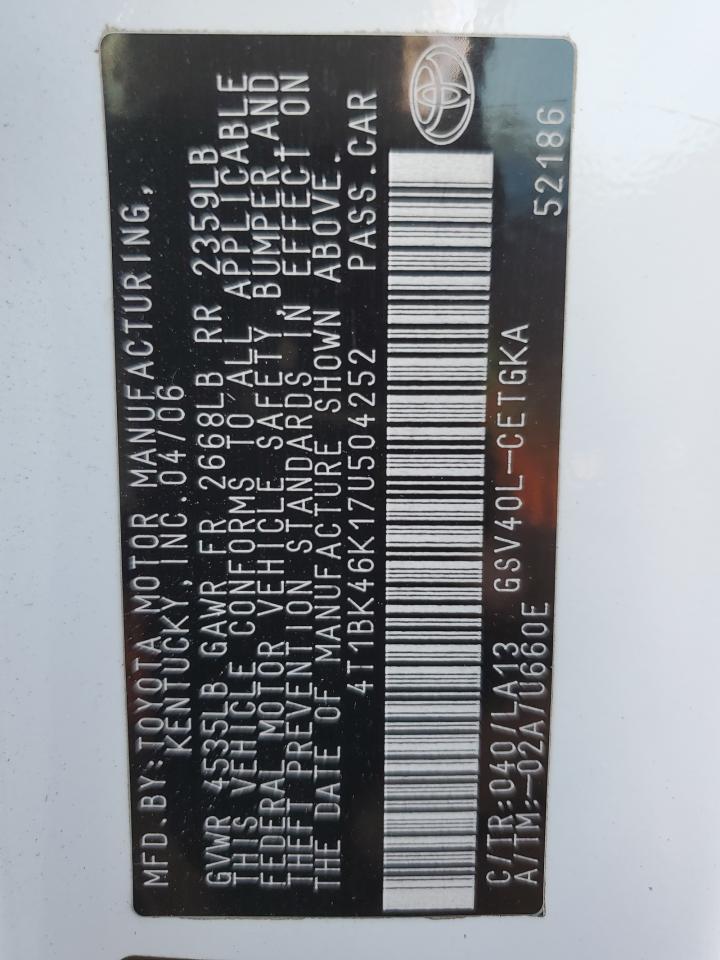 2007 Toyota Camry Le VIN: 4T1BK46K17U504252 Lot: 57905105