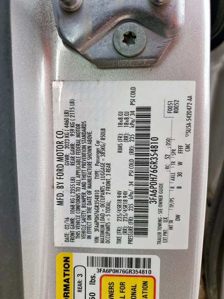 2016 Ford Fusion Se VIN: 3FA6P0H76GR354810 Lot: 55874245