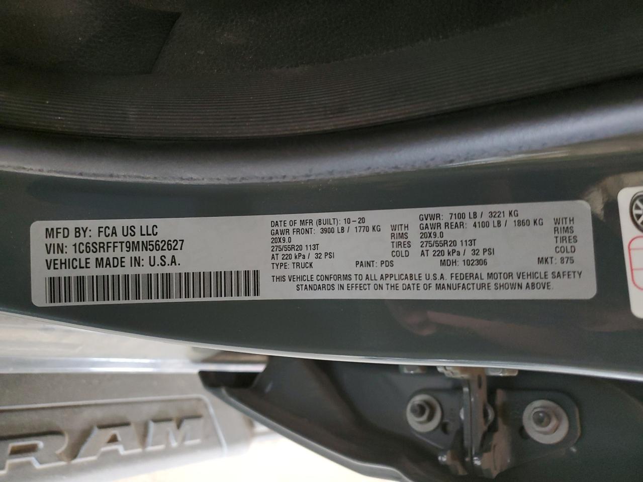 2021 Ram 1500 Big Horn/Lone Star VIN: 1C6SRFFT9MN562627 Lot: 56857225