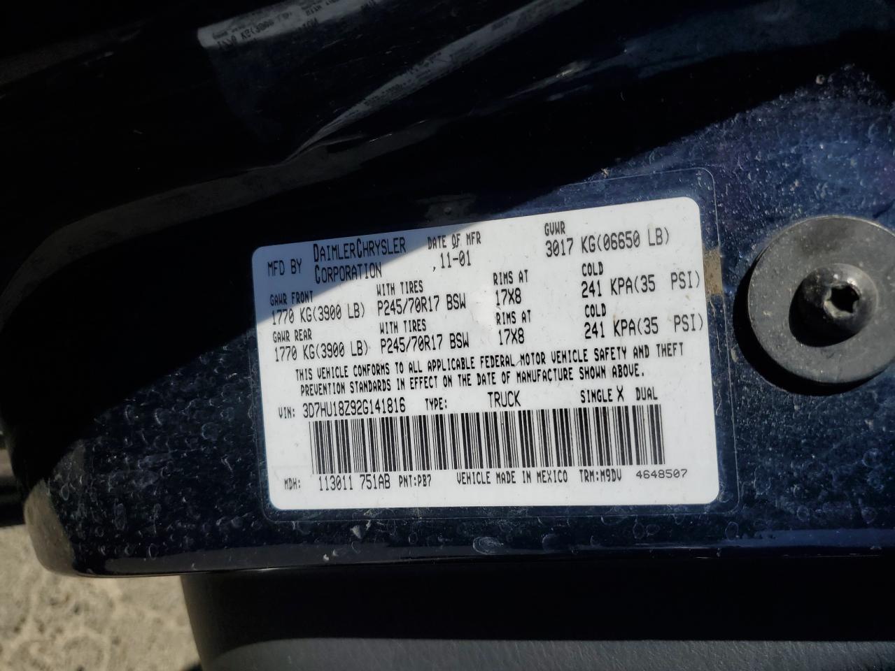 2002 Dodge Ram 1500 VIN: 3D7HU18Z92G141816 Lot: 57713455