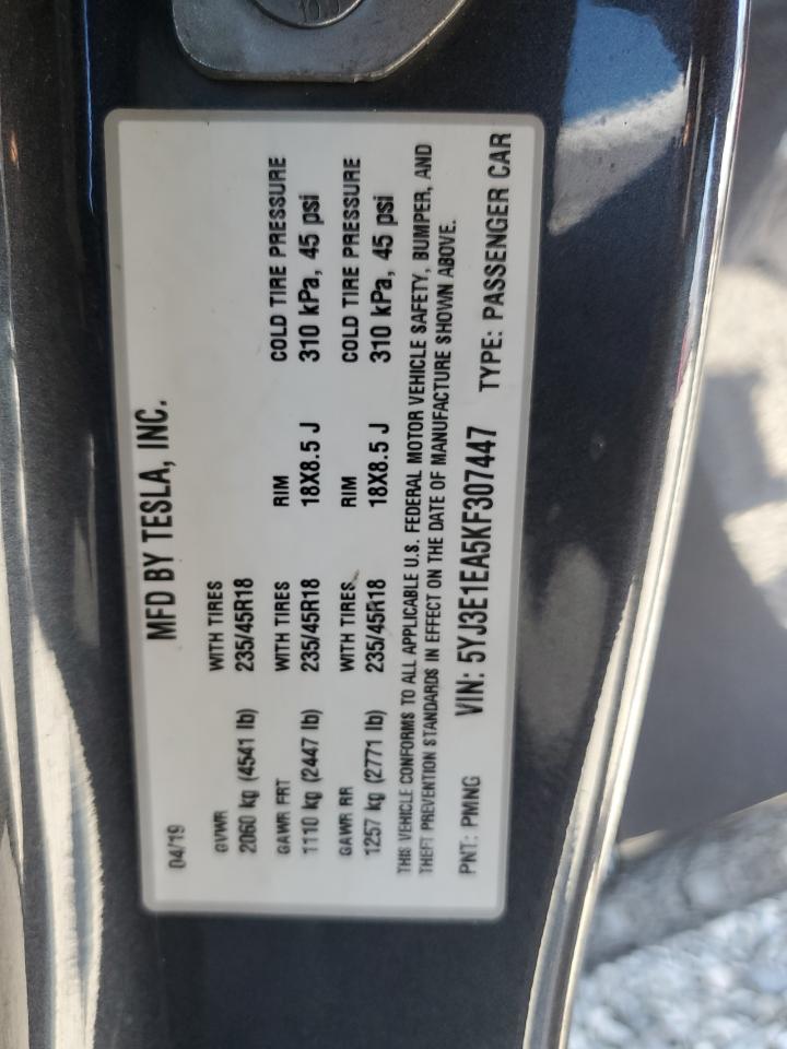 5YJ3E1EA5KF307447 TESLA MODEL 3 2019
