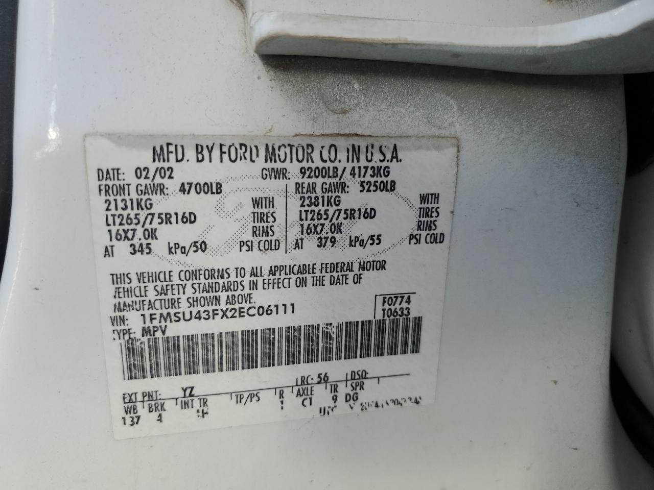 2002 Ford Excursion Limited VIN: 1FMSU43FX2EC06111 Lot: 56150085