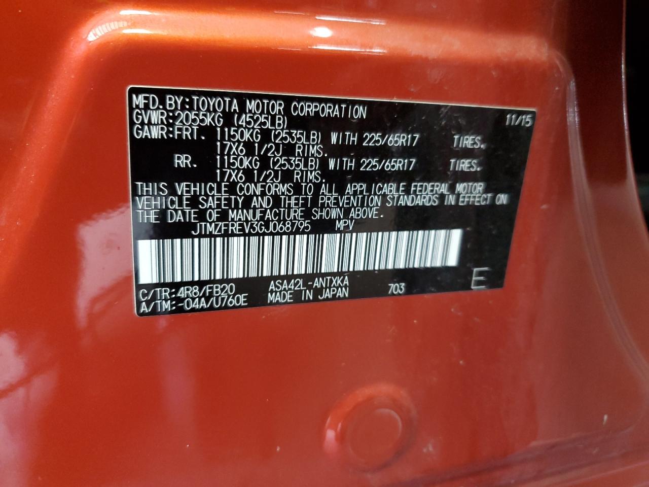 JTMZFREV3GJ068795 TOYOTA RAV4 2016