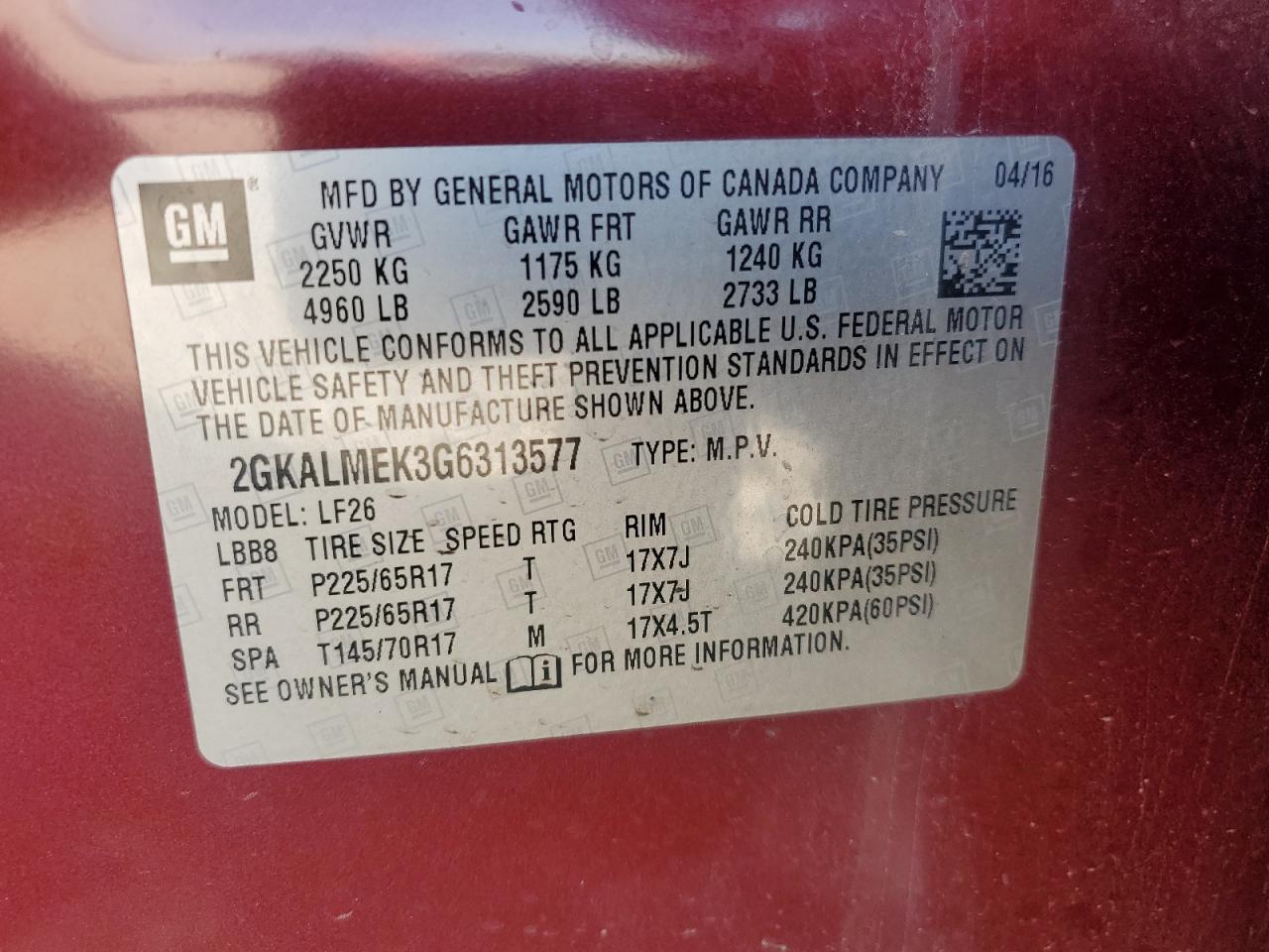 2016 GMC Terrain Sle VIN: 2GKALMEK3G6313577 Lot: 56749665