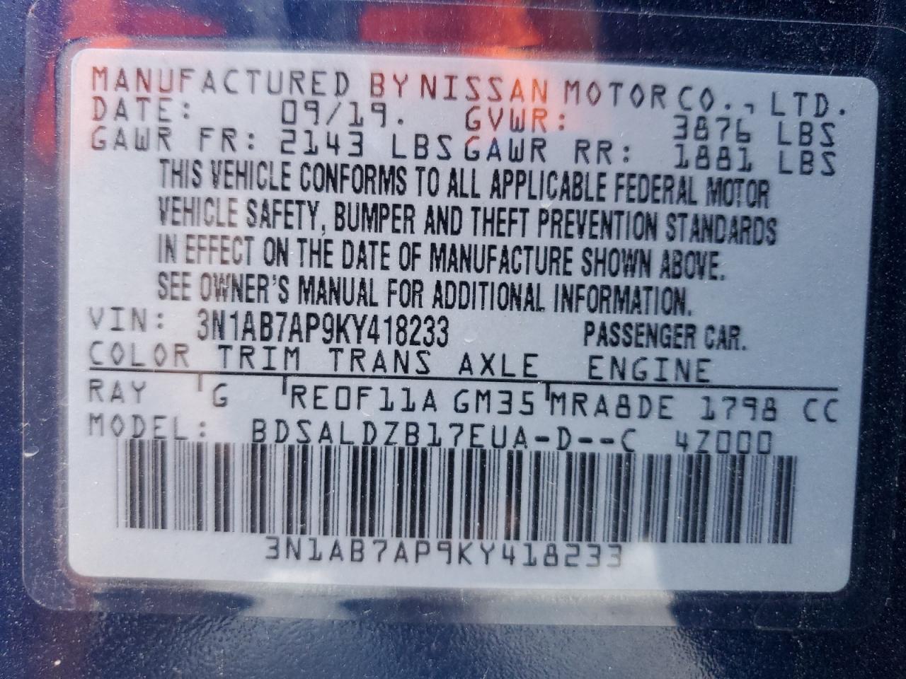 3N1AB7AP9KY418233 NISSAN SENTRA 2019