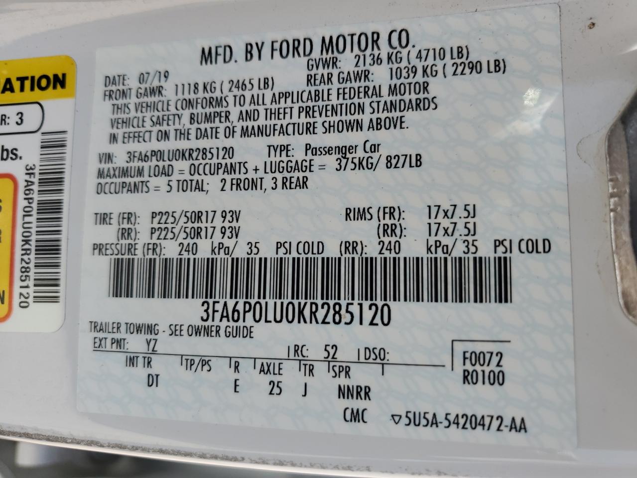 2019 Ford Fusion Se VIN: 3FA6P0LU0KR285120 Lot: 54032675