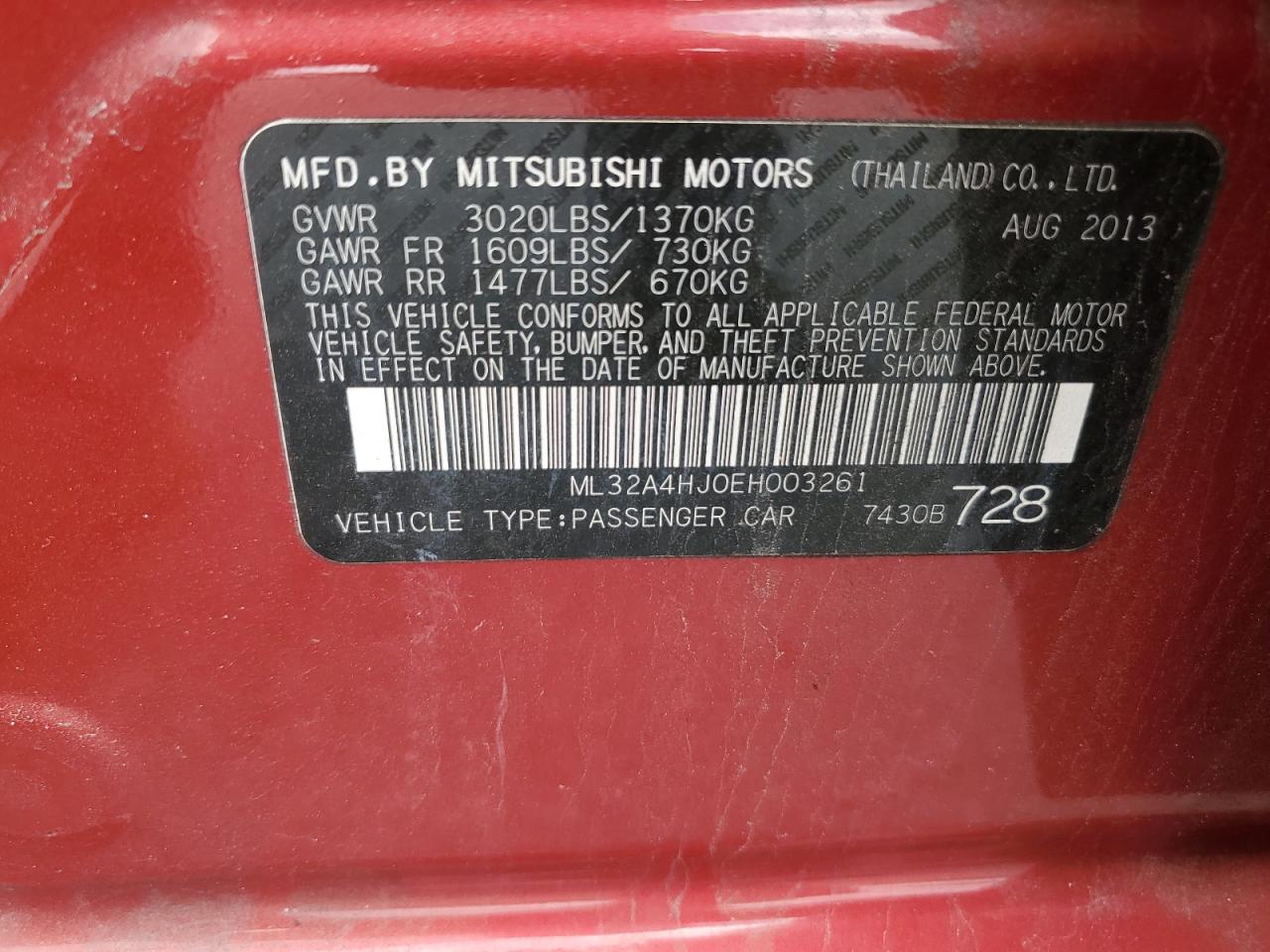 2014 Mitsubishi Mirage Es VIN: ML32A4HJ0EH003261 Lot: 55923595