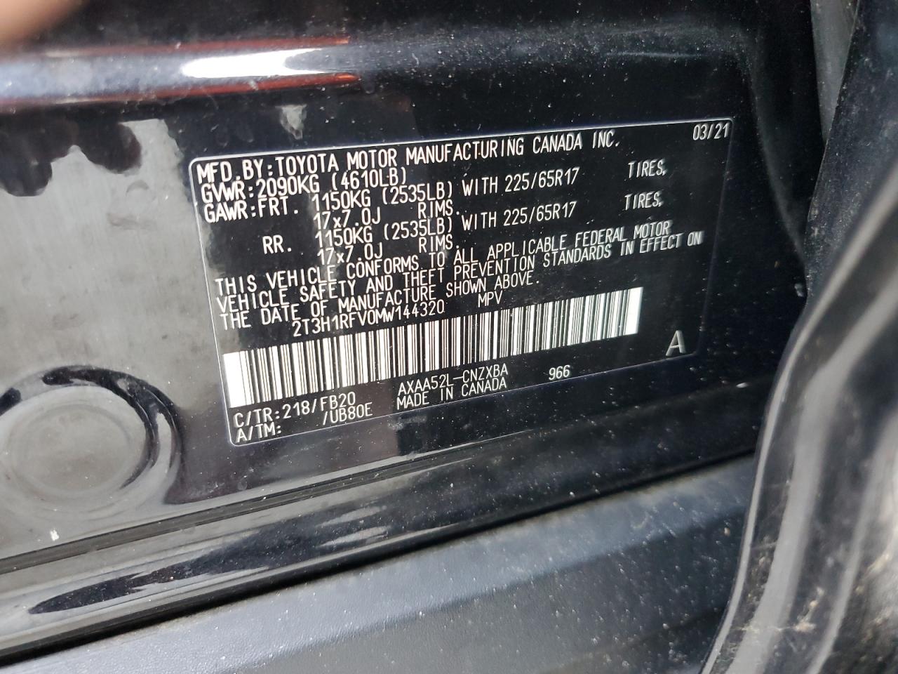 2021 Toyota Rav4 Le VIN: 2T3H1RFV0MW144320 Lot: 57025575