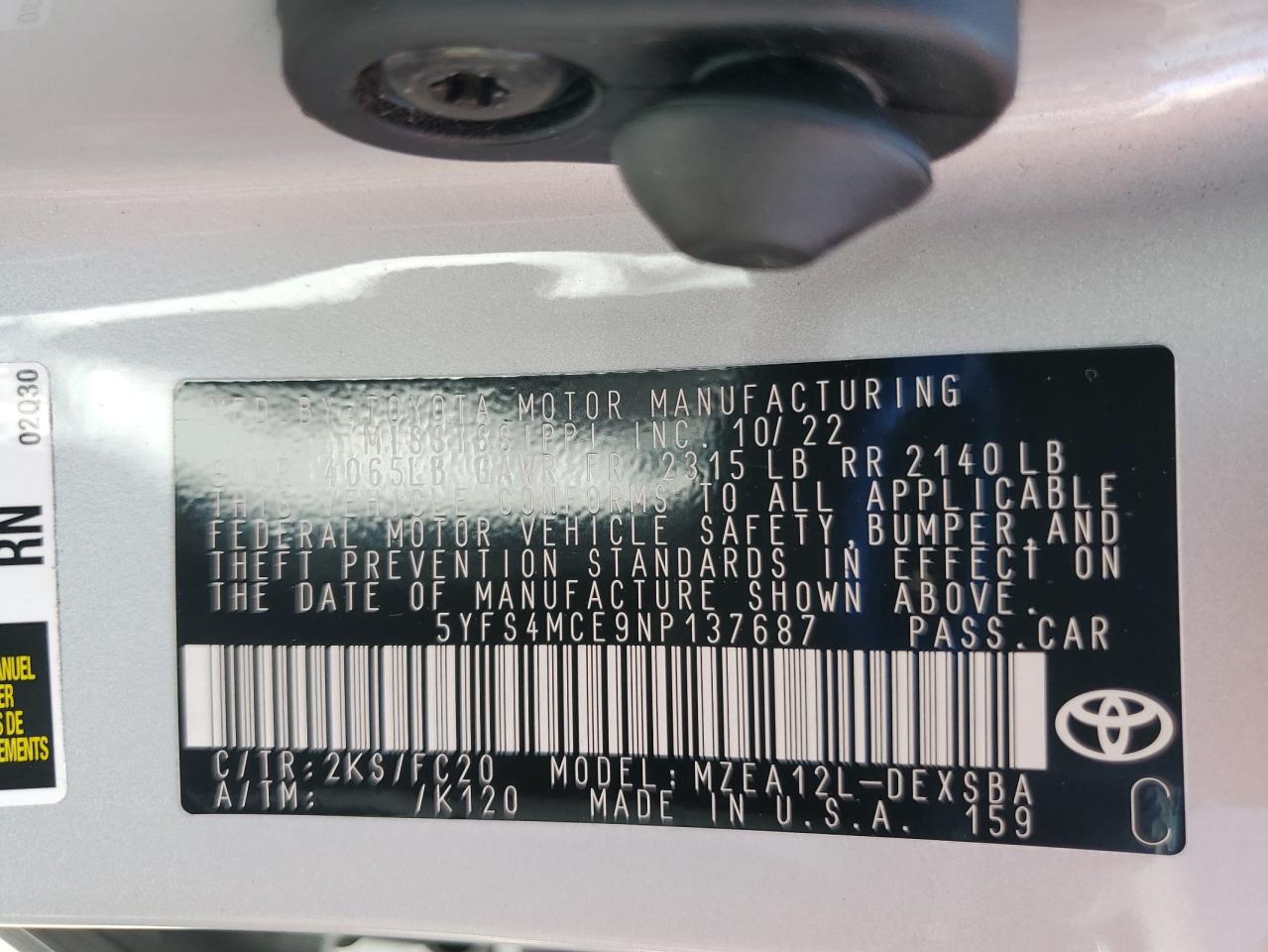 5YFS4MCE9NP137687 TOYOTA COROLLA 2022