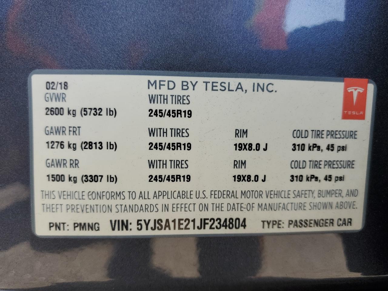 2018 Tesla Model S VIN: 5YJSA1E21JF234804 Lot: 56966355