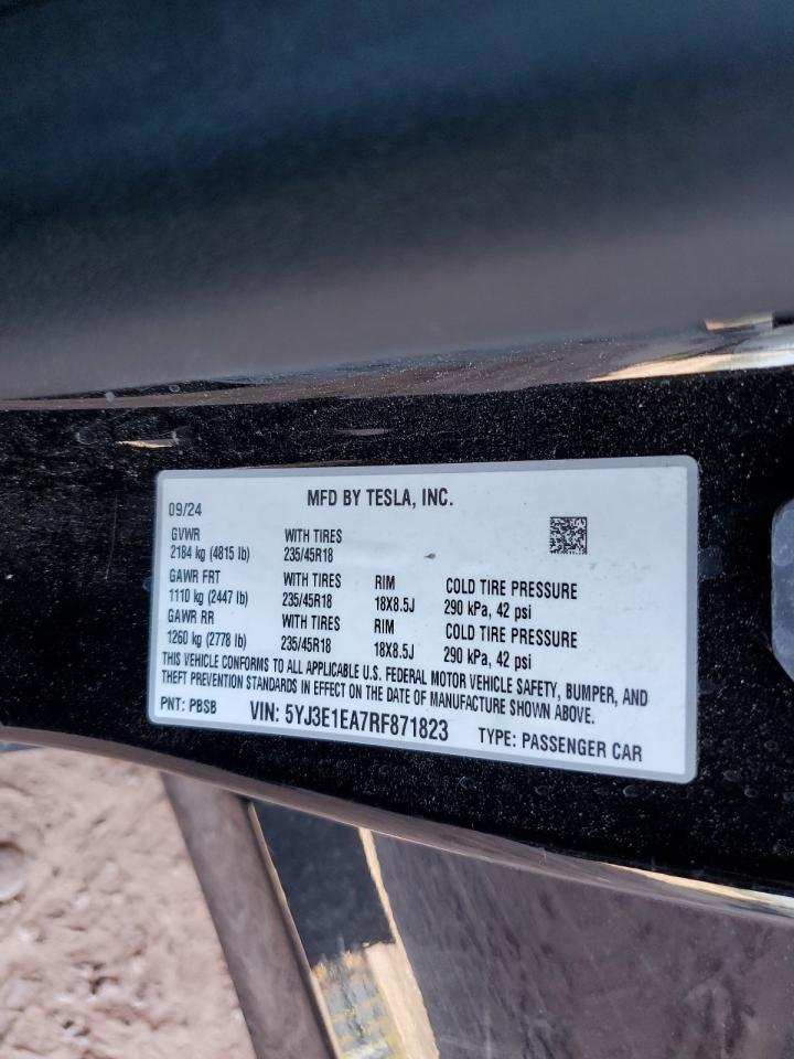 2024 Tesla Model 3 VIN: 5YJ3E1EA7RF871823 Lot: 57350465