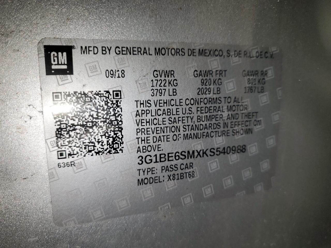 3G1BE6SMXKS540988 CHEVROLET CRUZE 2019