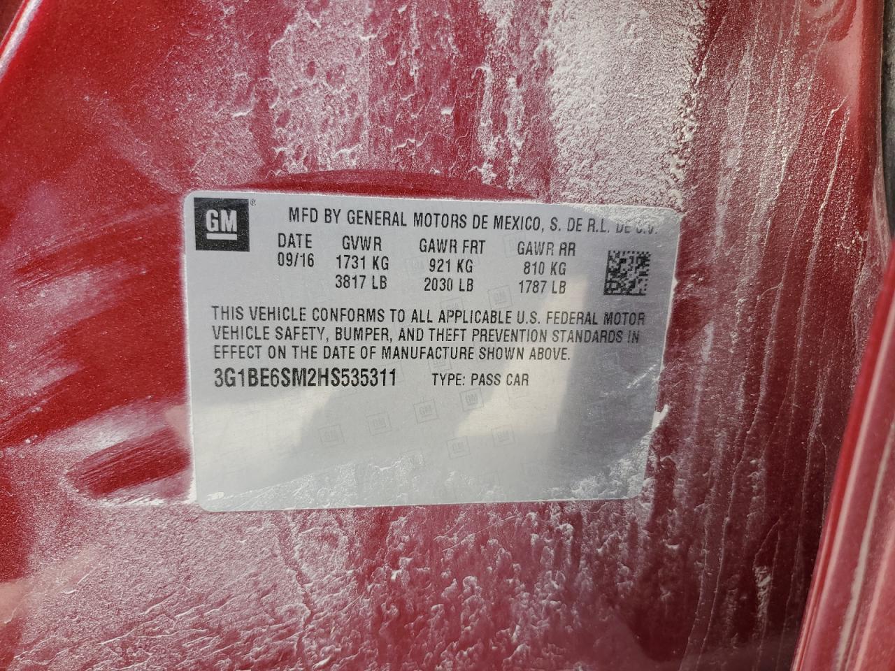 3G1BE6SM2HS535311 CHEVROLET CRUZE 2017