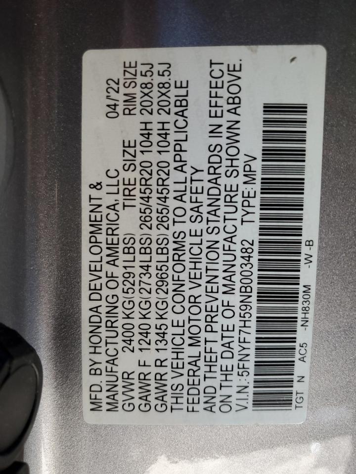 2022 Honda Passport Exl VIN: 5FNYF7H59NB003482 Lot: 55460425