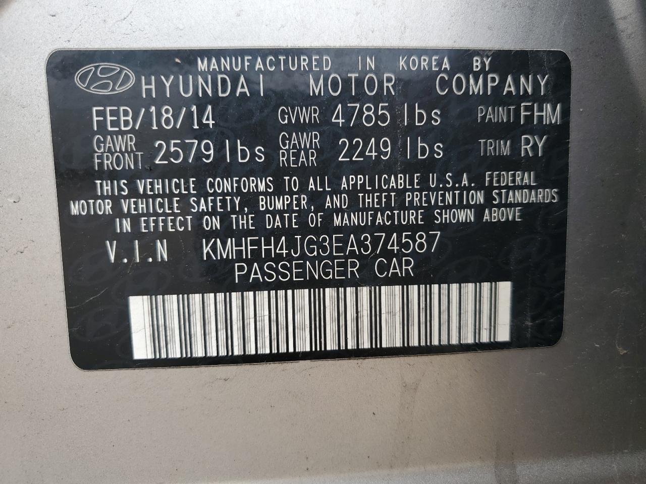 2014 Hyundai Azera Gls VIN: KMHFH4JG3EA374587 Lot: 56535405