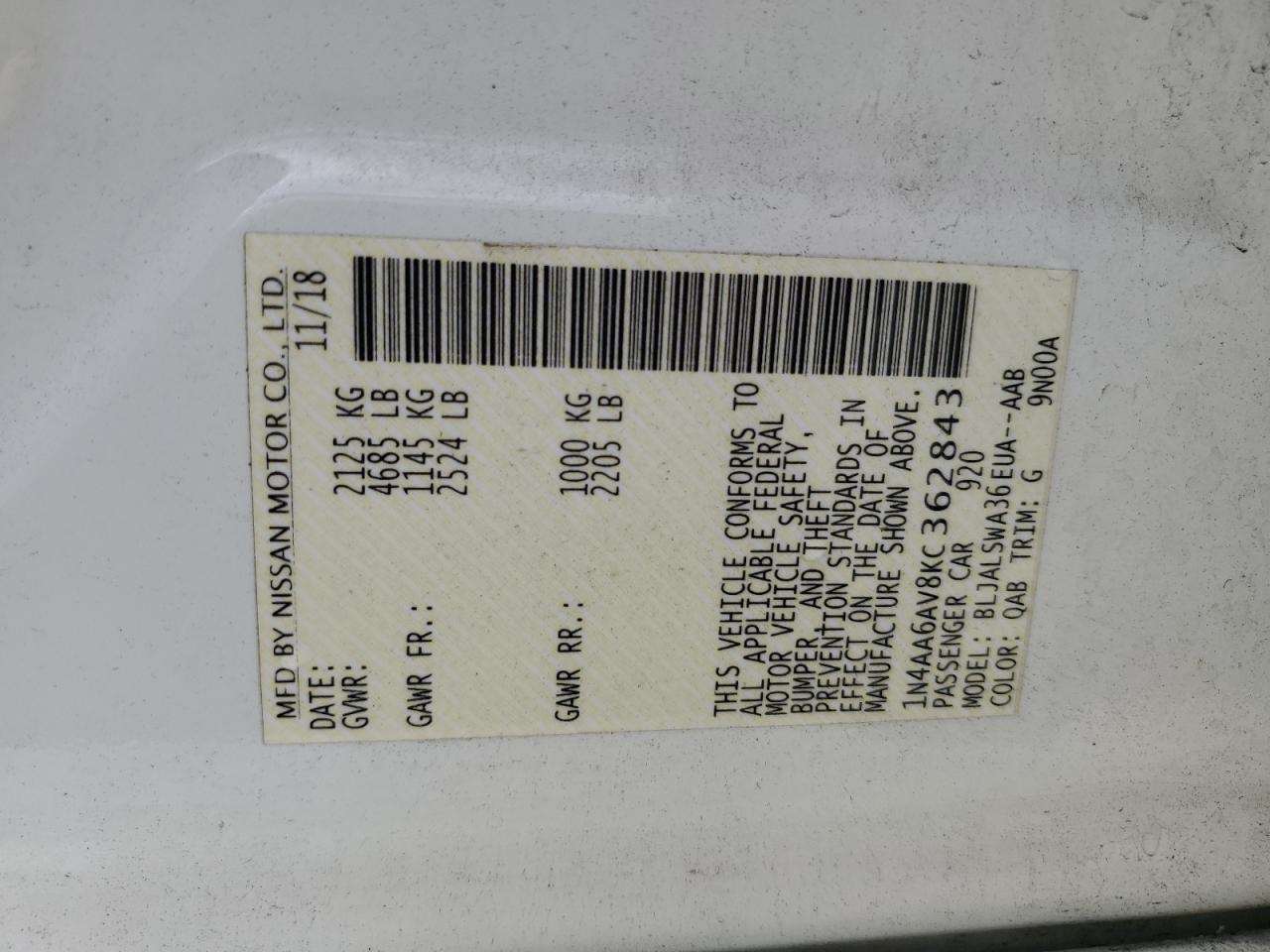 1N4AA6AV8KC362843 NISSAN MAXIMA 2019