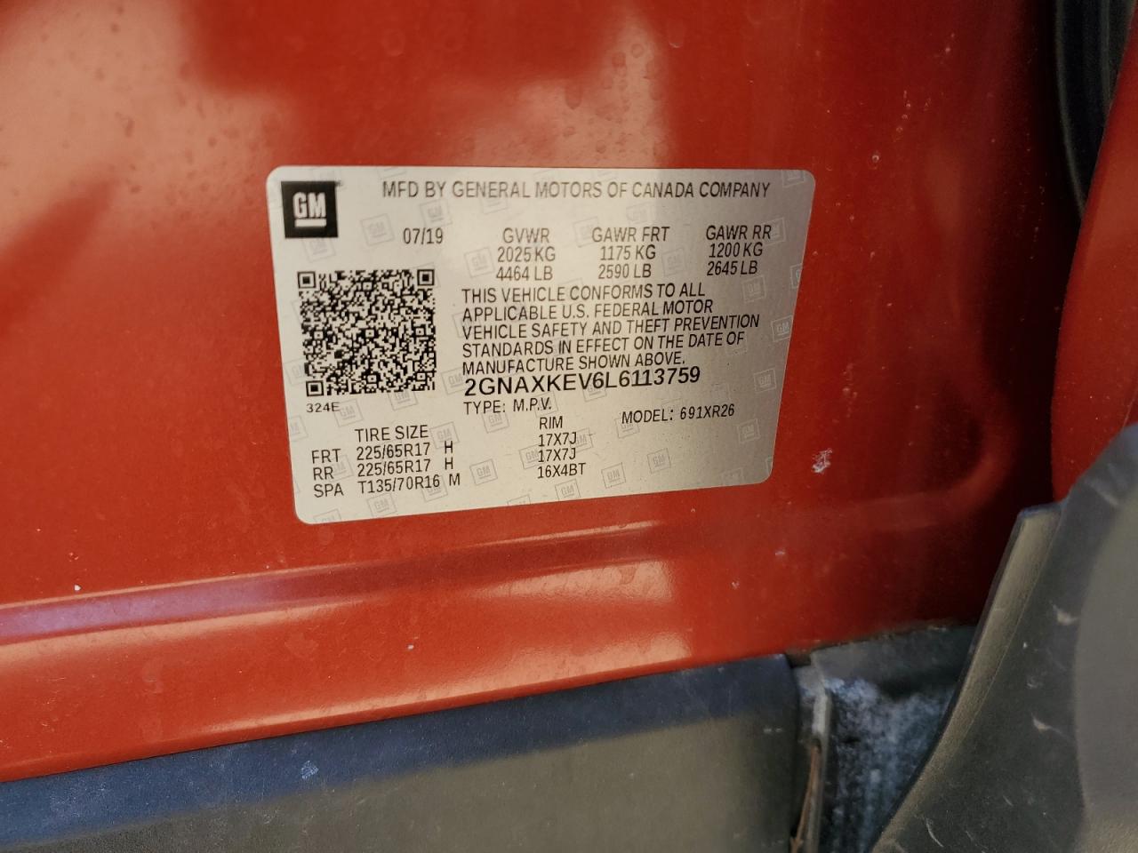 2GNAXKEV6L6113759 CHEVROLET EQUINOX 2020