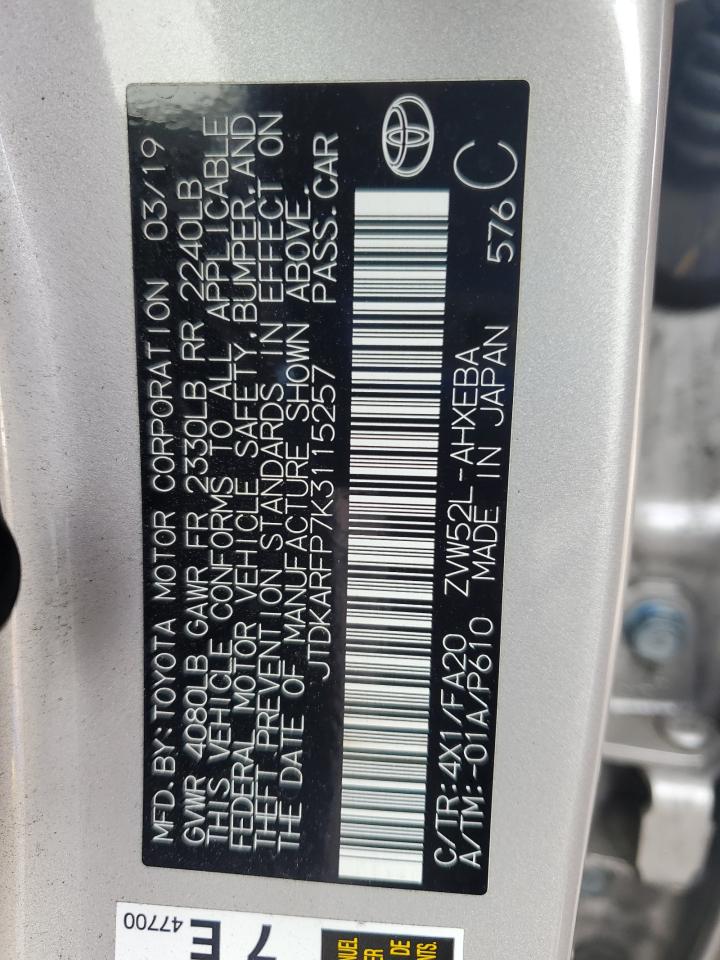 JTDKARFP7K3115257 TOYOTA PRIUS 2019