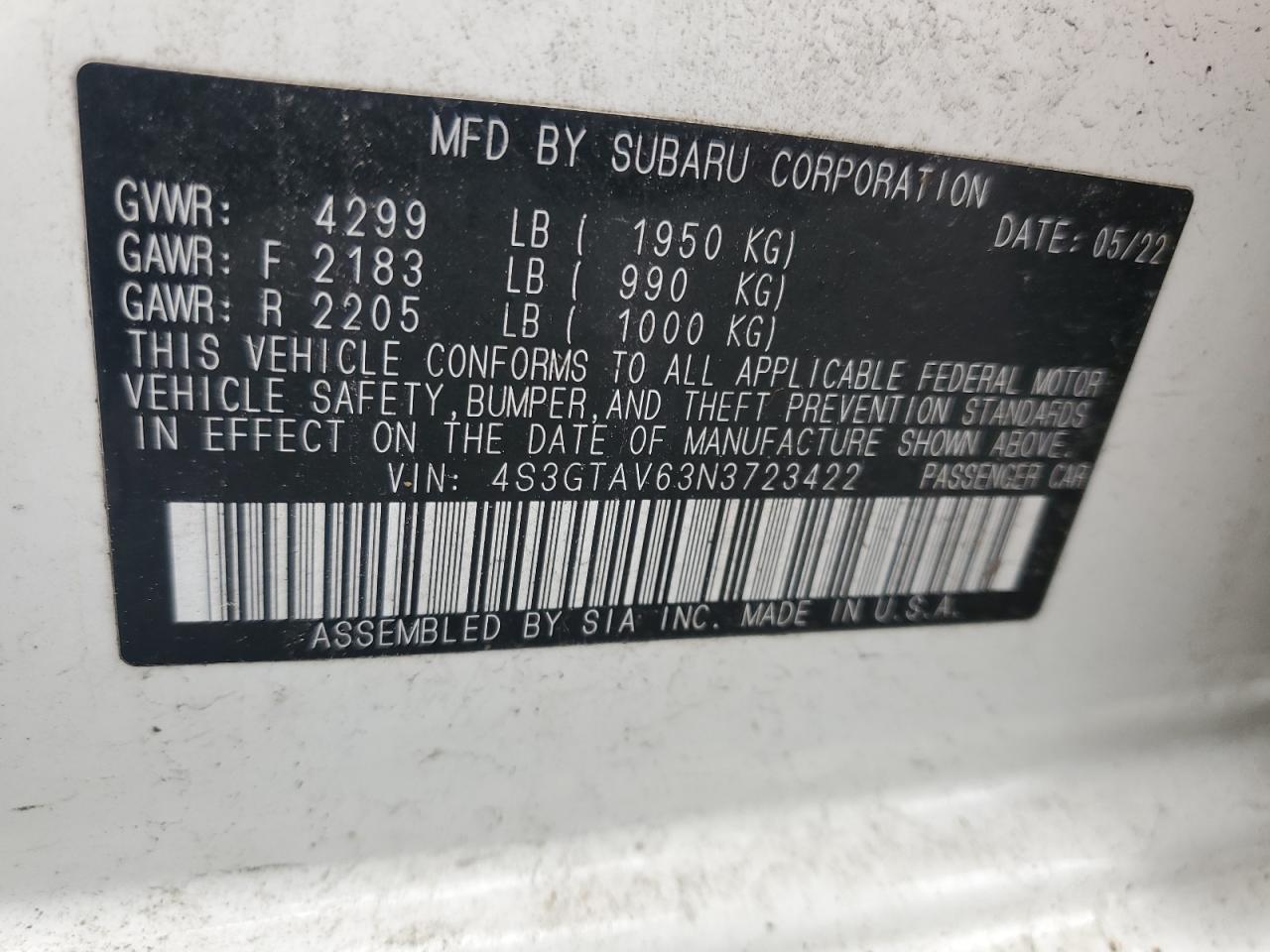 2022 Subaru Impreza Premium VIN: 4S3GTAV63N3723422 Lot: 57271765