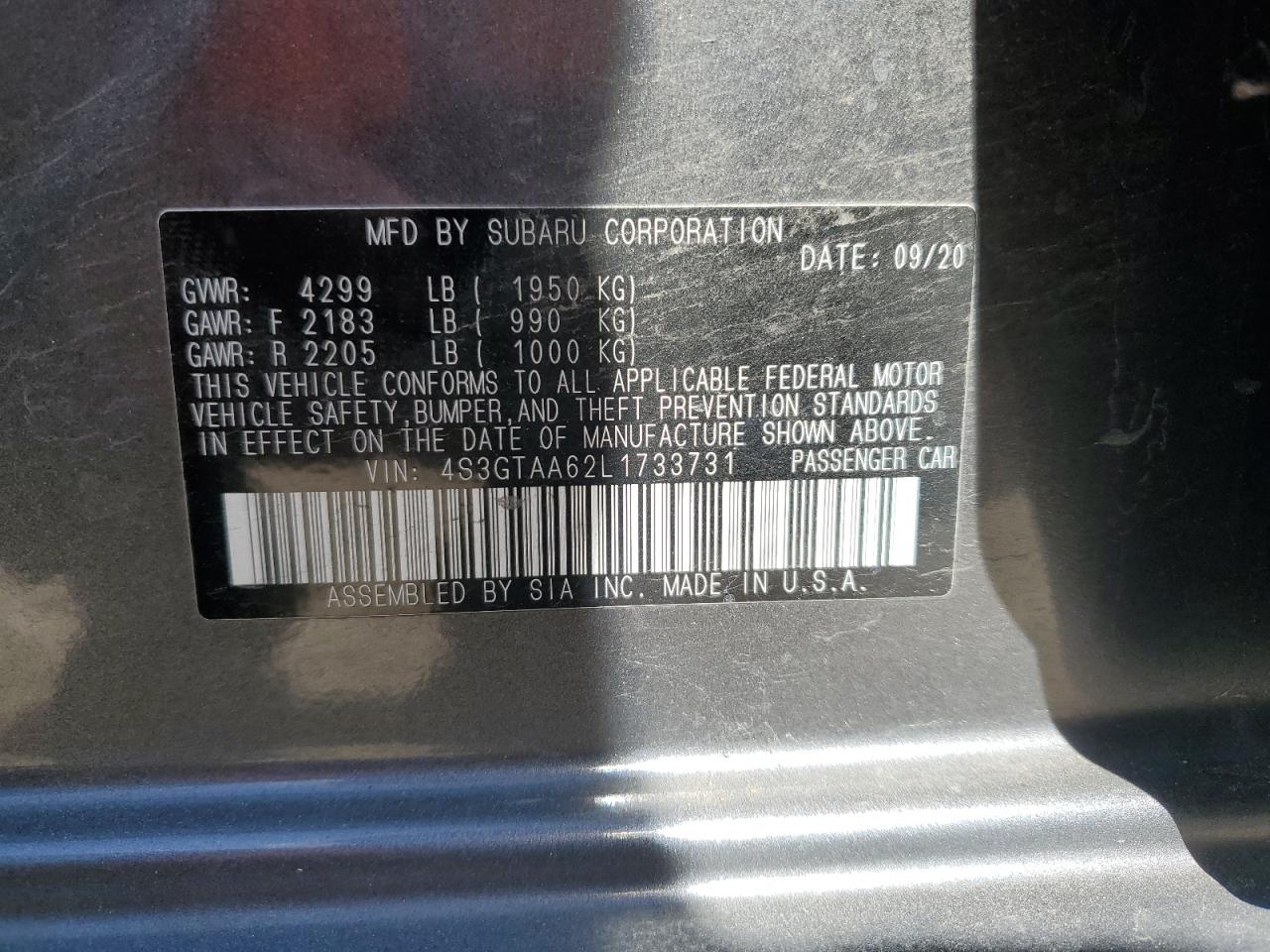 2020 Subaru Impreza VIN: 4S3GTAA62L1733731 Lot: 56933785