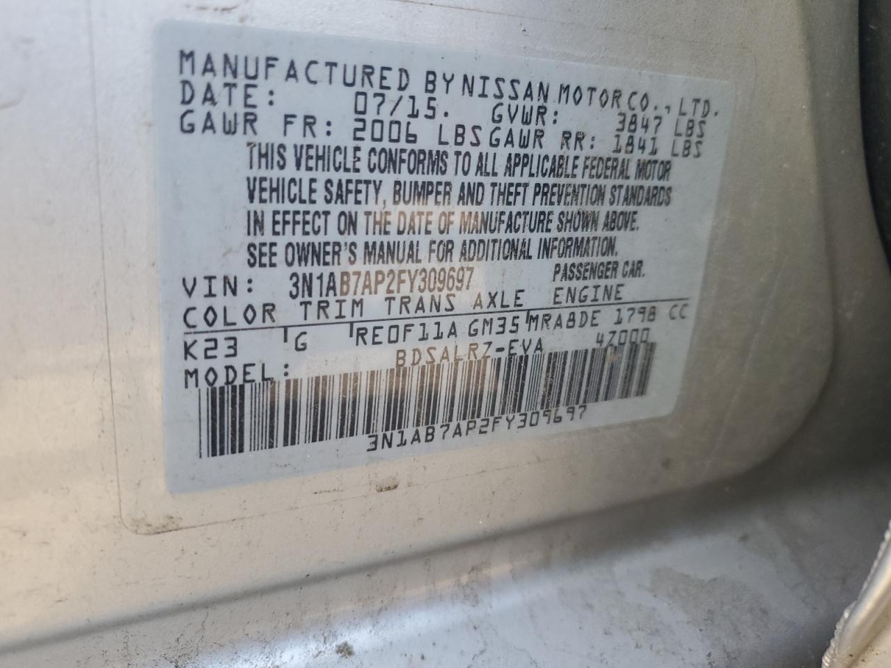 2015 Nissan Sentra S VIN: 3N1AB7AP2FY309697 Lot: 56764435
