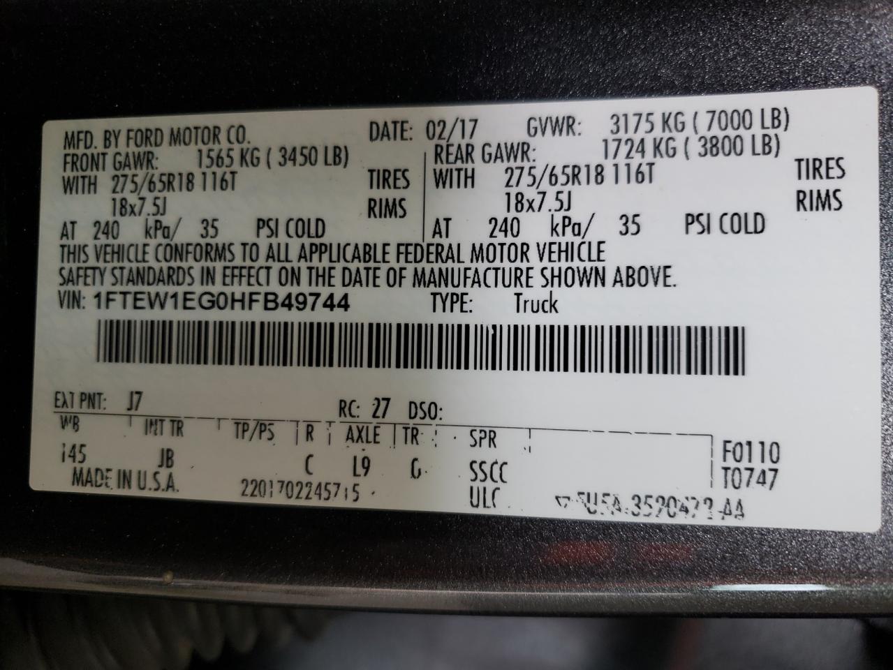 1FTEW1EG0HFB49744 FORD F-150 2017