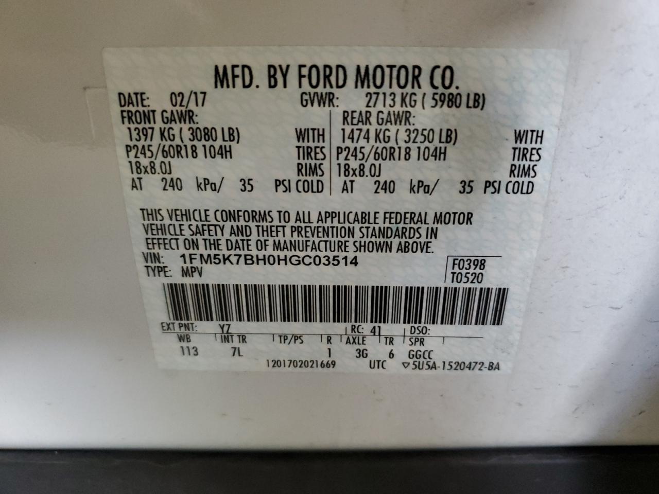 2017 Ford Explorer VIN: 1FM5K7BH0HGC03514 Lot: 56995945