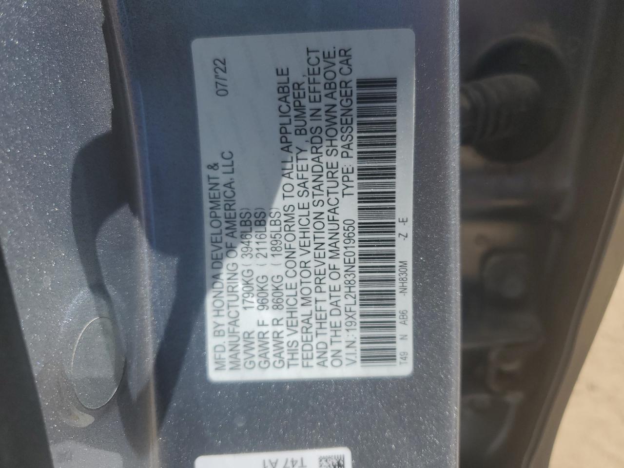 2022 Honda Civic Sport VIN: 19XFL2H83NE019650 Lot: 57176315