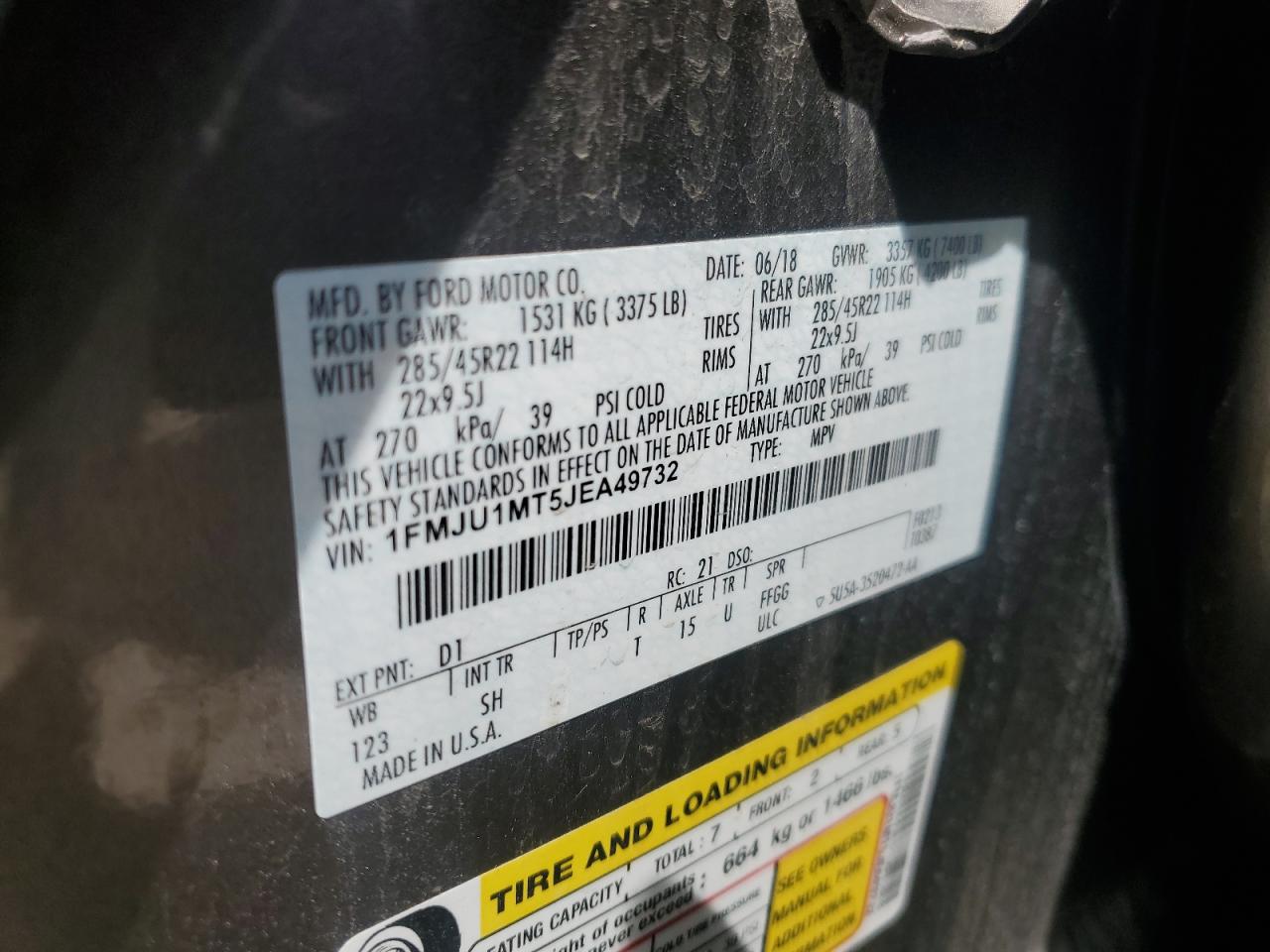 2018 Ford Expedition Platinum VIN: 1FMJU1MT5JEA49732 Lot: 57050745