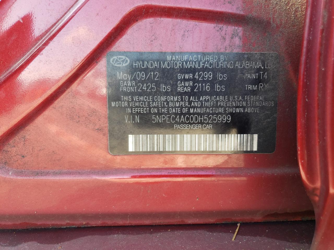 2013 Hyundai Sonata Se VIN: 5NPEC4AC0DH525999 Lot: 56571435