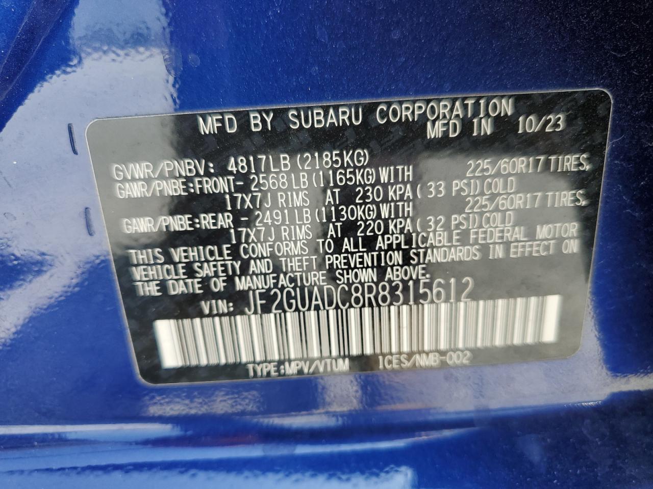 2024 Subaru Crosstrek Premium VIN: JF2GUADC8R8315612 Lot: 59037915