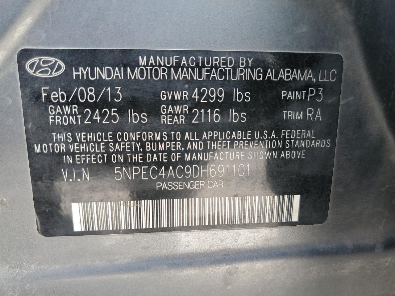 2013 Hyundai Sonata Se VIN: 5NPEC4AC9DH691101 Lot: 56927705