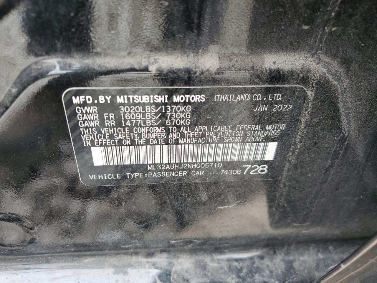 2022 Mitsubishi Mirage Es VIN: ML32AUHJ2NH005710 Lot: 57779605