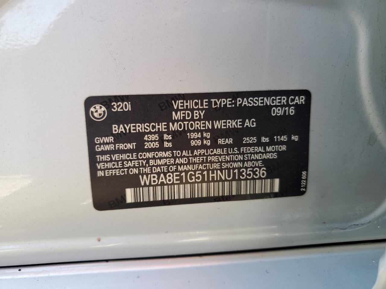 2017 BMW 320 I VIN: WBA8E1G51HNU13536 Lot: 56776245